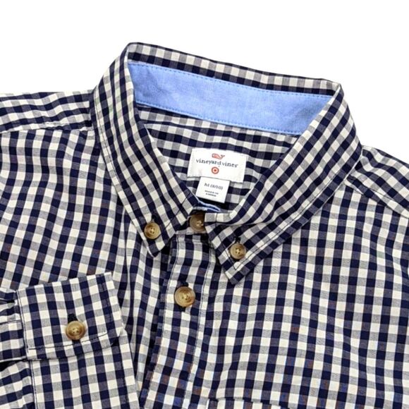Vineyard Vines Navy Blue White Gingham Button Down Church Shirt Boy Size M 8 10 - Picture 1 of 6